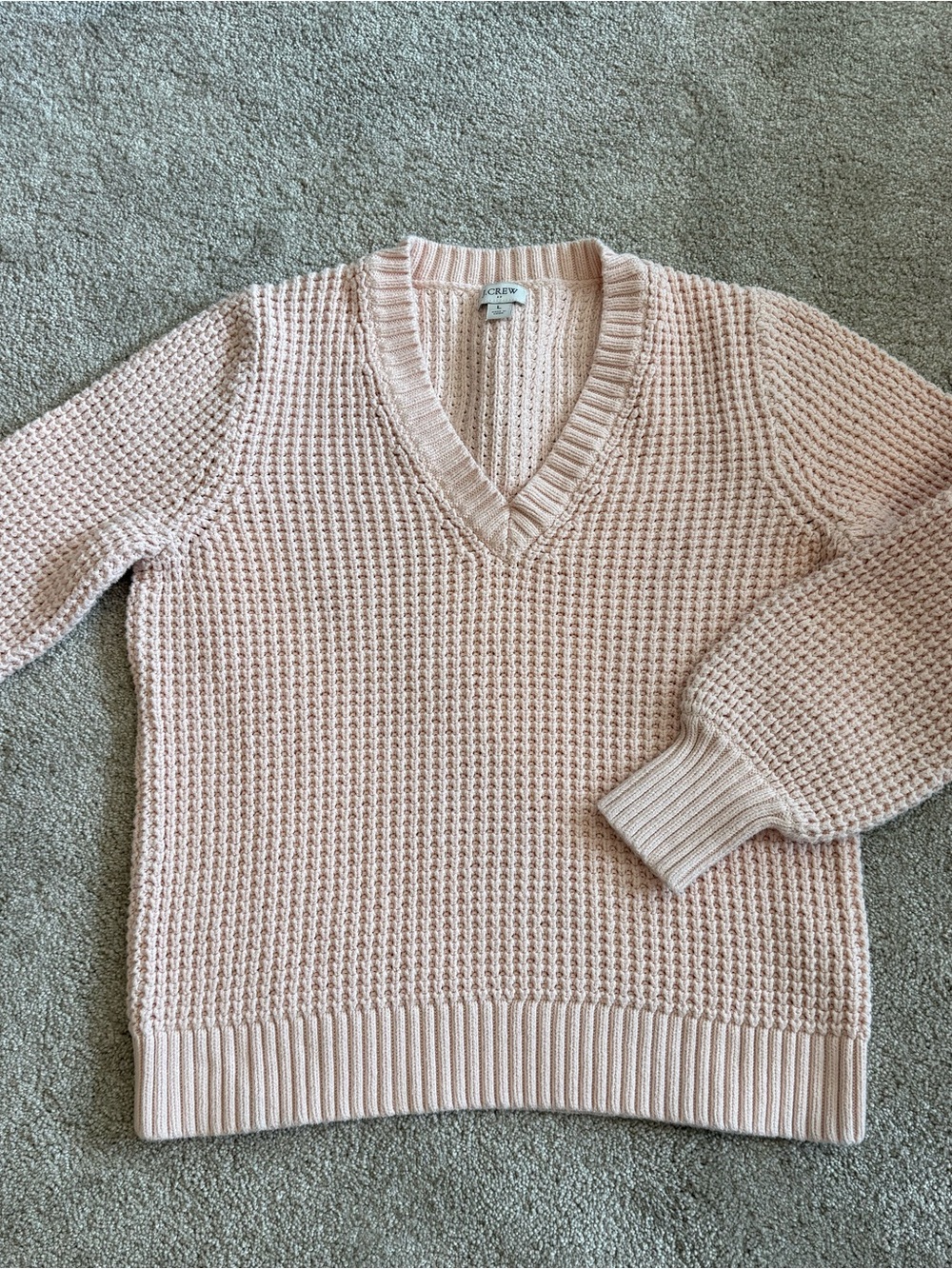 J.Crew Women’s Large Pale Pink Waffle Knit V-Neck Sweater 100% Cotton Chunky